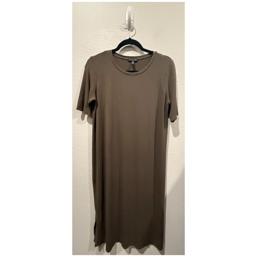 EILEEN FISHER Viscose Stretch Jersey Crewneck Short Sleeve Olive Green Dress